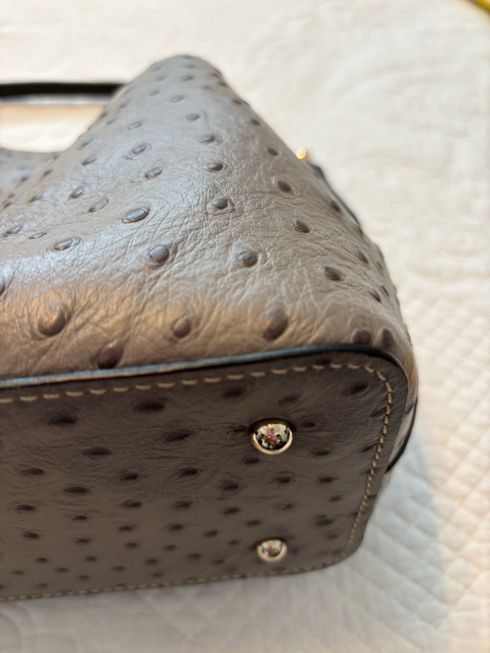 Dooney & Bourke Mini Barlow Gray Ostrich-Embossed Satchel with Black Handles - Picture 10 of 13